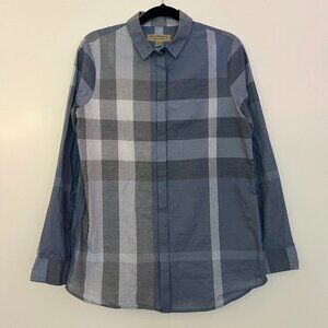 Burberry Brit Blue Gray Nova Check Long Sleeve Button Down Blouse Size Small